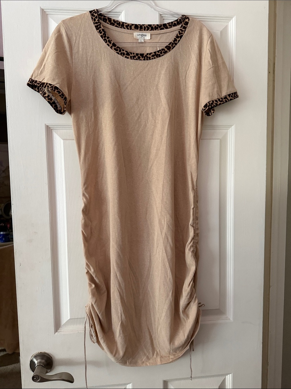 Umgee Beige Short Sleeve T-Shirt Dress with Leopard Trim